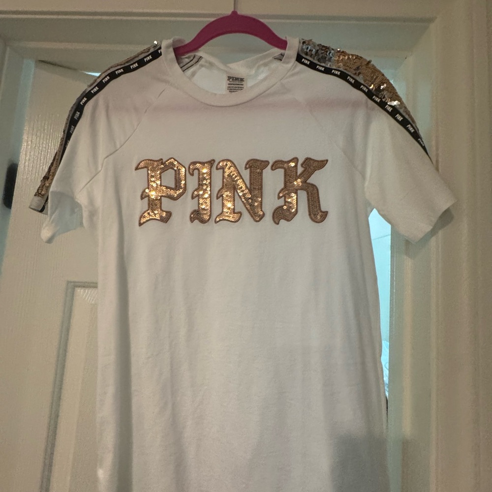 PINK Victoria's Secret White and Gold Sequin T-Shirt